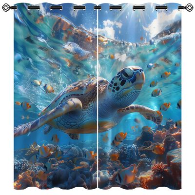 Sea Turtle Blackout Curtains for Girls Boy Home Decor, Ocean Underwater World Marine Tropical Fish Grommet Thermal Insulated Drapes Darkening Window Curtain for Bedroom Living Room, 63 x 63 Inch