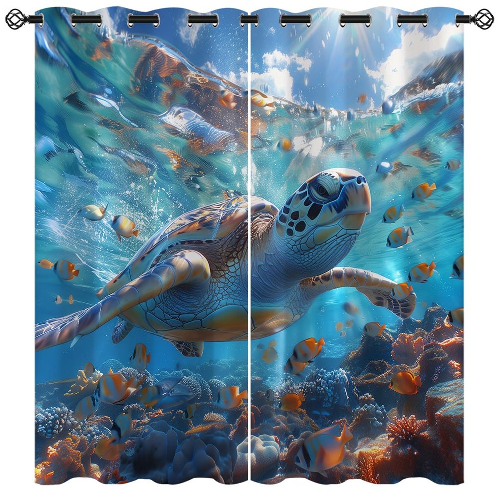 Sea Turtle Blackout Curtains for Girls Boy Home Decor, Ocean Underwater World Marine Tropical Fish Grommet Thermal Insulated Drapes Darkening Window Curtain for Bedroom Living Room, 63 x 63 Inch