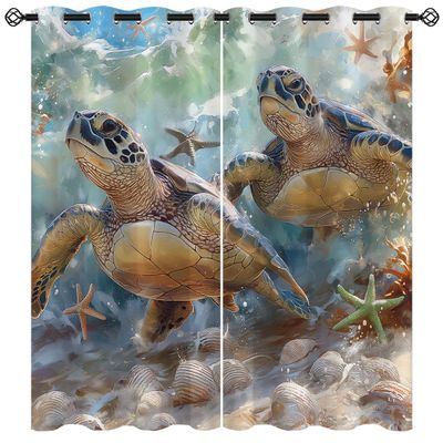 Sea Turtle Blackout Curtains for Girls Boy Home Decor, Starfish Seashells Nautical Beach Tropical Grommet Thermal Insulated Drapes Darkening Window Curtain for Bedroom Living Room, 84 x 84 Inch