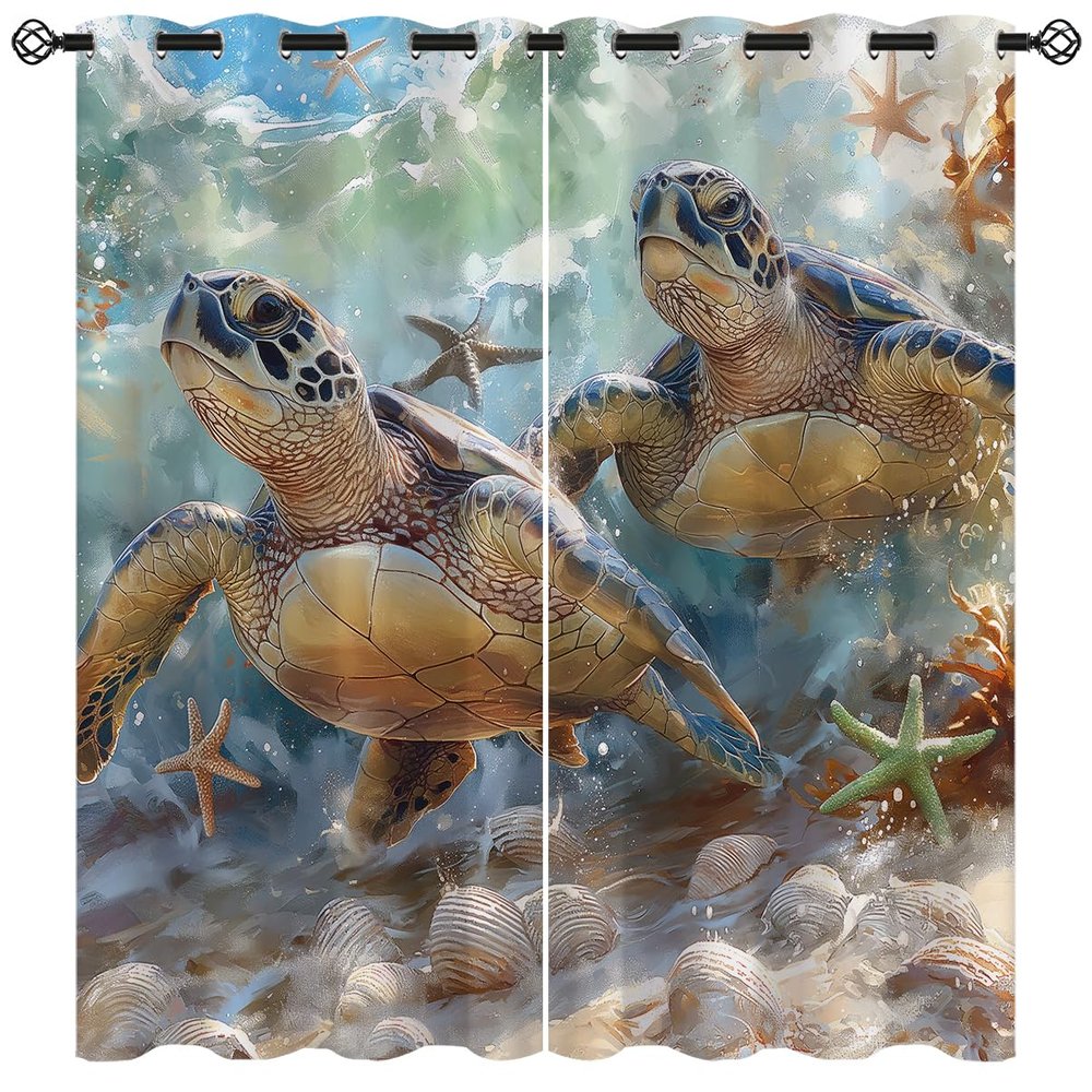 Sea Turtle Blackout Curtains for Girls Boy Home Decor, Starfish Seashells Nautical Beach Tropical Grommet Thermal Insulated Drapes Darkening Window Curtain for Bedroom Living Room, 84 x 84 Inch