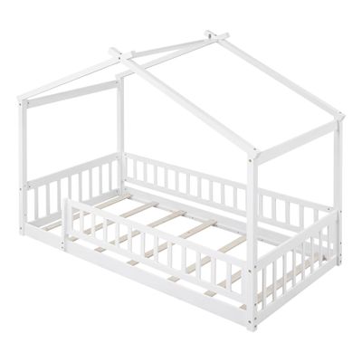 EastVita Twin House Bed, Twin Size Bed Frame with Roof, Safety Guardrail & Fence Playhouse Bed for Teens, Kids, Girls, Boys Twin Size Wooden House Bed (White)