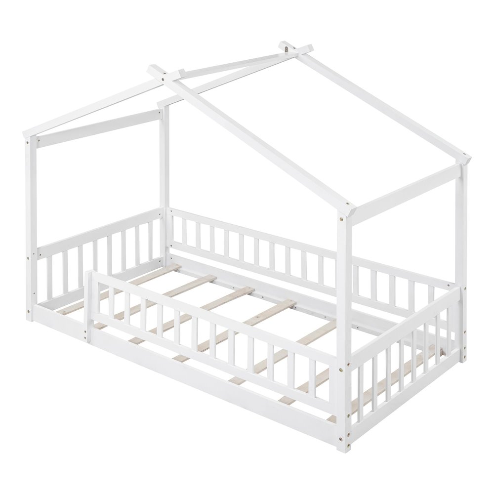 EastVita Twin House Bed, Twin Size Bed Frame with Roof, Safety Guardrail & Fence Playhouse Bed for Teens, Kids, Girls, Boys Twin Size Wooden House Bed (White)