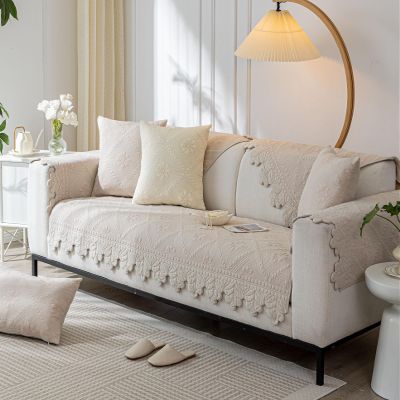 Huierxun Luxury Cotton Solid Embroidery Sofa Cover Boho Farmhouse Sofa Slipcover Soft Quilted Sectional Couch Cover Non-Slip Sofa Slipcovers Washable Furniture Protector for Pet Kids (Khaki,28"x82")