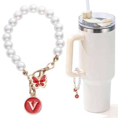 LUHOHI Accessories for Stanley Cup Pearl Chain Initial Accessoriess for Handle Stuff Decor Water Bottle Jewelry Tumbler Cute Simple Modern Personalized Name ID Decorations Letter Red Tag V