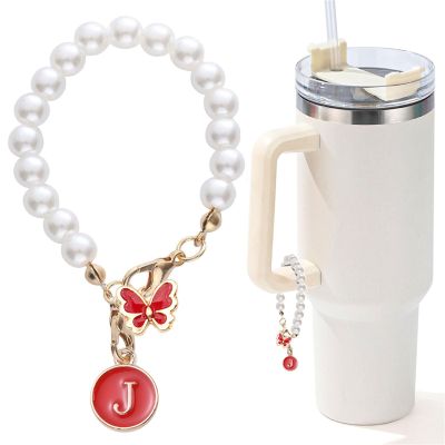 LUHOHI Accessories for Stanley Cup Pearl Chain Initial Accessoriess for Handle Stuff Decor Water Bottle Jewelry Tumbler Cute Simple Modern Personalized Name ID Decorations Letter Red Tag J