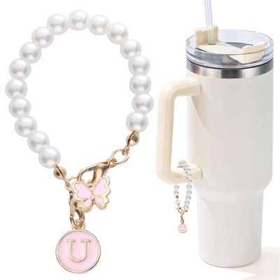 LUHOHI Accessories for Stanley Cup Pearl Chain Initial Accessoriess for Handle Stuff Decor Water Bottle Jewelry Tumbler Cute Simple Modern Personalized Name ID Decorations Letter Pink Tag U