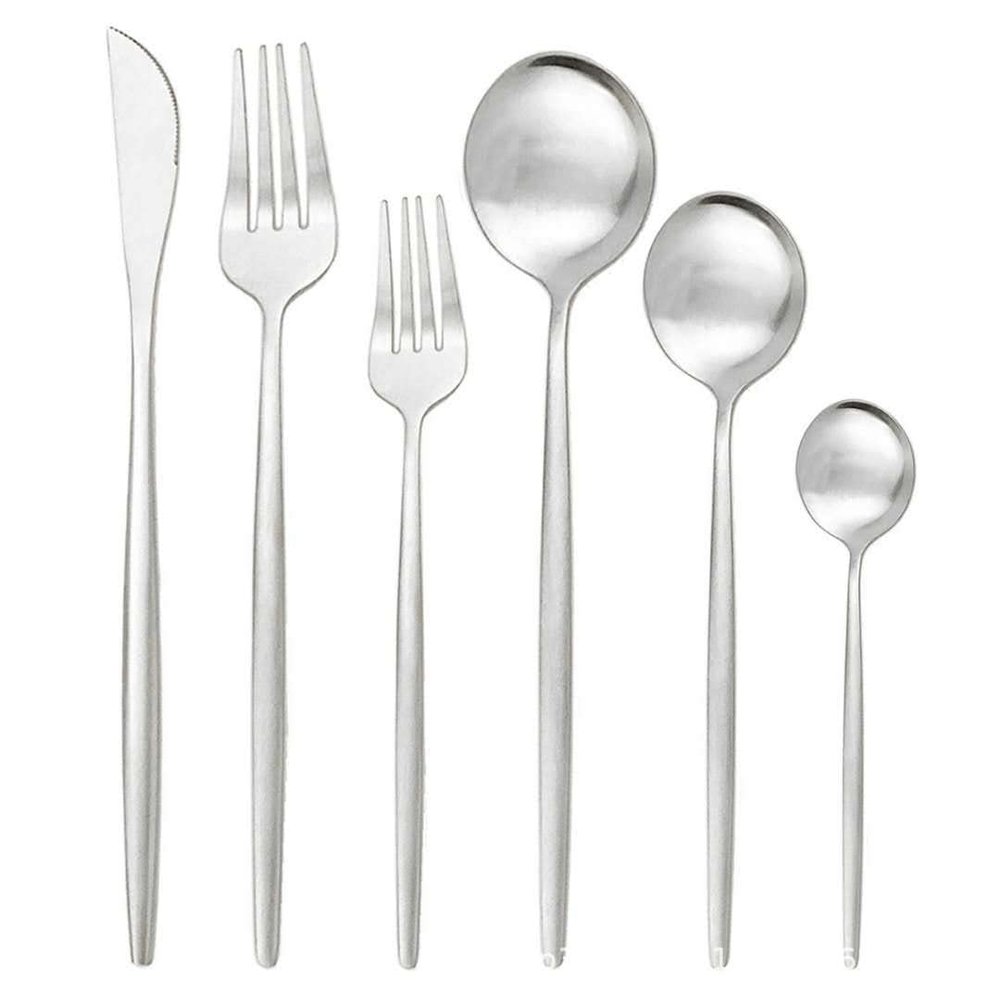 SEELLODGE Silverware Flatware Cutlery Set, 6/24/36/48/60/72 Pieces Stainless Steel Steak Cutlery Set Dessert Cutlery Portuguese Cutlery Set Of Six (Color : Silver, Size : 1Set-6Pcs)