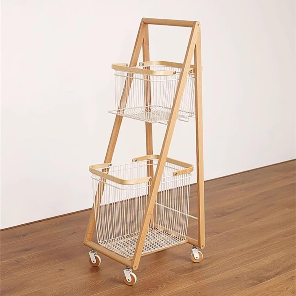CAIYONG Shelf 2 Tier Bathroom Organization, Rolling Cart With 2 Wooden Frame Removable Laundry Hamper For Dirty Clothes Toys