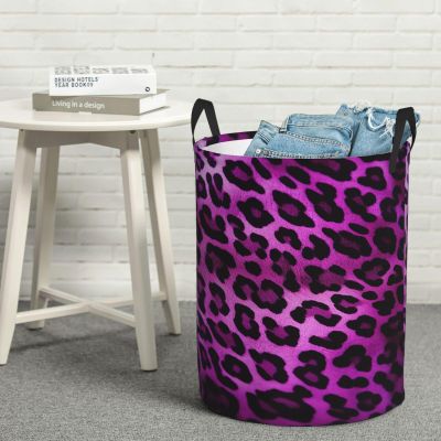 Laundry Hamper Round Laundry Basket with Handles Purple Leopard Laundry Hampers Waterproof Circular Hamper for Bathroom Storage Basket Dirty Clothes Hamper for Dirty Clothes