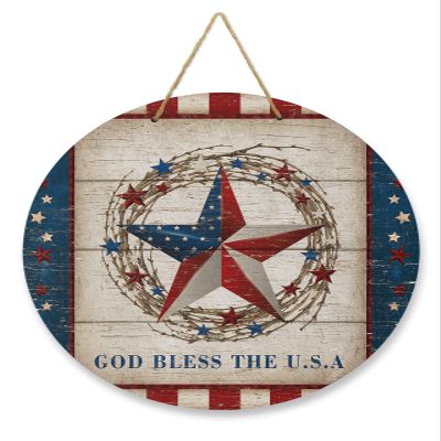 4th of July Welcome Sign Front Door Rustic Star American Flag Stripes Wreath Door Patriotic Wall Decor Wood Grain Independence Day Wooden Sign Hanging for Farmhouse Porch Door Decoration 12 Inch