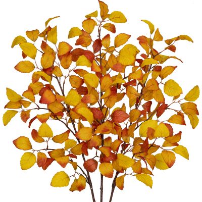 Arborus 3PCS Artificial Fall Leaf Stems Autumn Leaves Fake Fagus Sylvatica Folige Gold Faux Beech Leaf Branch, Long Stems for Floral Arrangements Autumn Decoration
