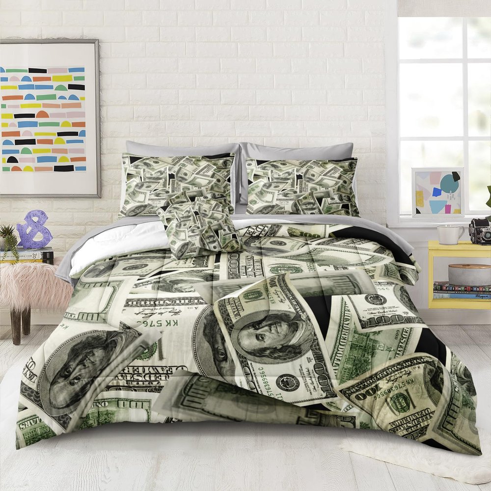 Merryword 8 Pieces Bed in a Bag Money Comforter Set California King Size Dollar Bill Comforter Set Gold Coins Bedding Set with 1 Comforter, 4 Pillowcases, 1 Flat Sheet, 1 Fitted Sheet, 1 Cushion Cover