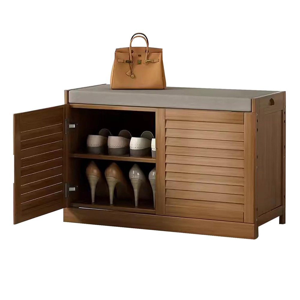 KAMPCO Shoe Cabinet with Doors and Seat, Wooden Shoe Storage Cabinet, Freestanding Shoe Rack Cabinet for Entryway Hallway, 76 x 33 x 48 cm, Walnut