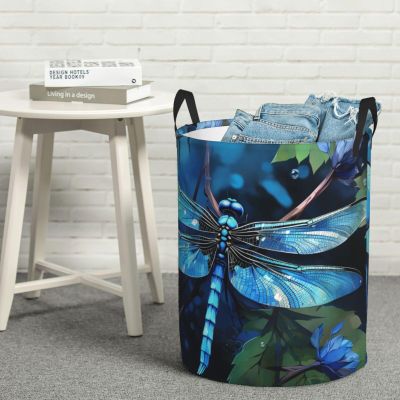 Laundry Hamper Round Laundry Basket with Handles Art Blue Dragonfly Laundry Hampers Waterproof Circular Hamper for Bathroom Storage Basket Dirty Clothes Hamper for Dirty Clothes