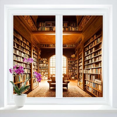 Abstract Mid Century Castle Bookshelf Window Film,Rustic Old Antique Library Books Suitable for Living Room,Kitchen,Bathroom-23.6W x47.2L in x2Pcs
