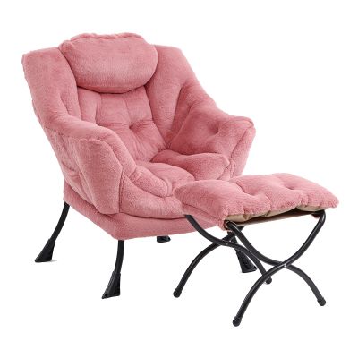 Furlide Lazy Chair with Ottoman, Modern Chair with Folding Footrest, Plush Dark Pink Lounge Accent Chair, Comfortable Reading Chair, Oversized Armchairs for Bedroom, Study, Living Room, Courtyard