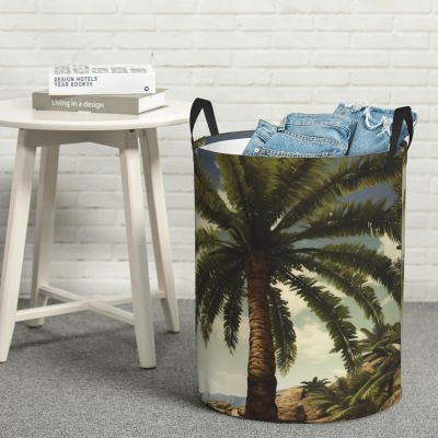 Laundry Hamper Round Laundry Basket with Handles Palm Tree Tropical Laundry Hampers Waterproof Circular Hamper for Bathroom Storage Basket Dirty Clothes Hamper for Dirty Clothes