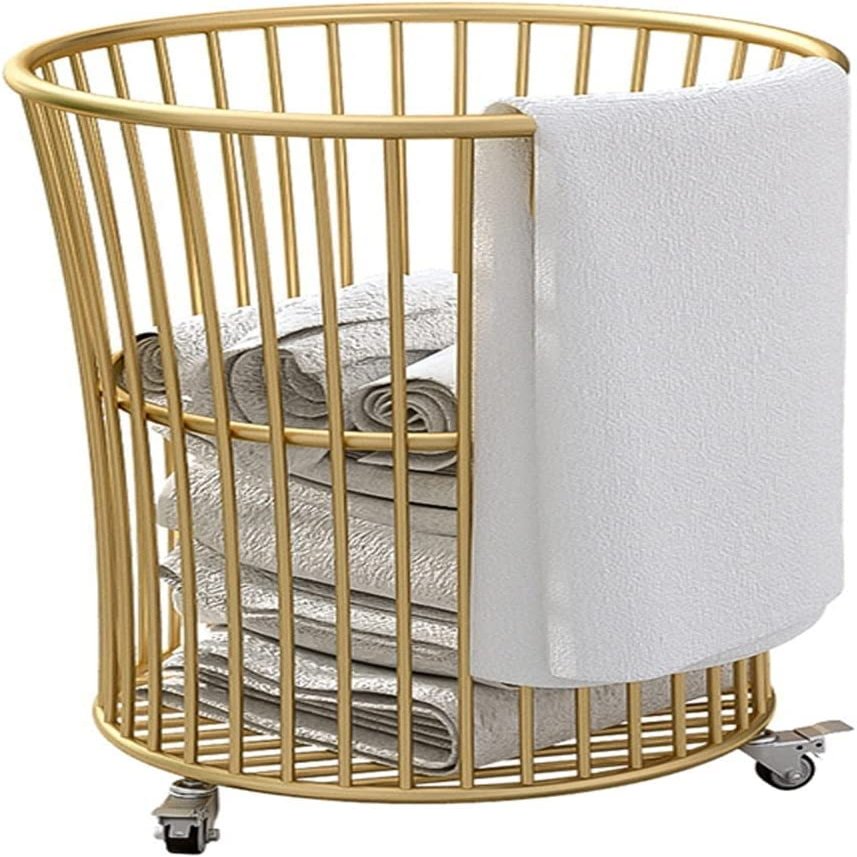 CAIYONG Shelf Rolling Stylish Luxury Metal Laundry Hamper with Wheels, Iron Art Dirty Clothes Hamper Easy Moved Storage Cart for Bathroom Bedroom Hotel Rooms