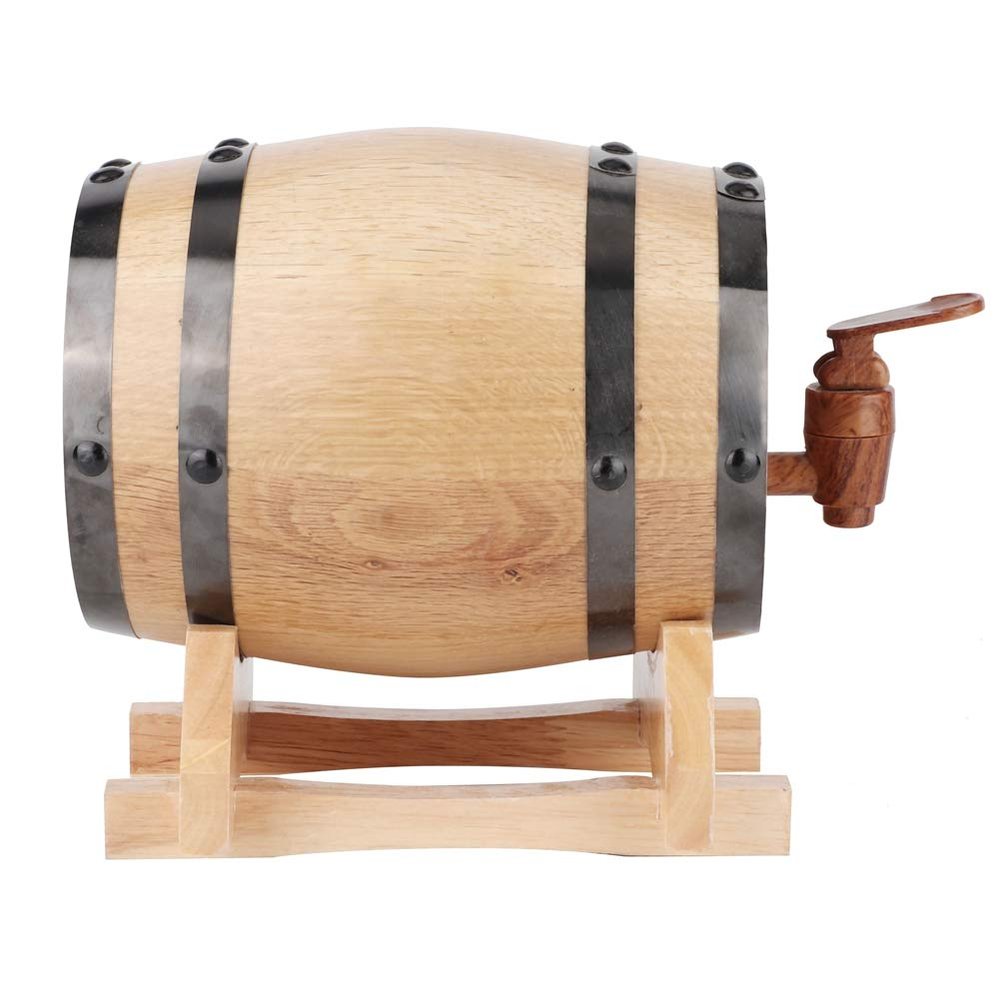 1 Liter Oak Aging Barrel with Stand,1L Mini Portable Household Oak Wood Wine Barrel Keg Home Brewing EquipmentWood Color with Black Hoop 1L