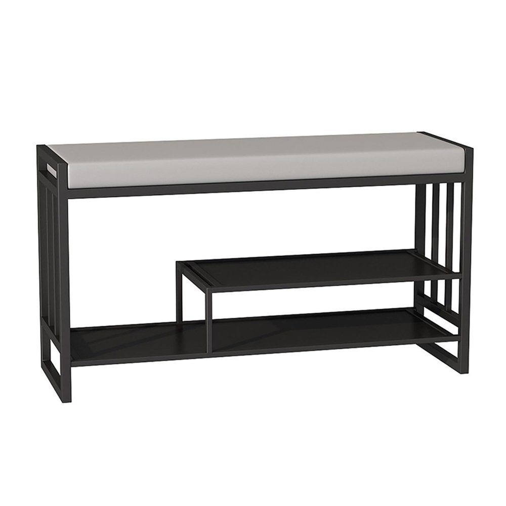 KAMPCO 3-Tier Shoe Rack Bench, Shoe Storage Bench for Entryway, Free Standing Change Shoe Bench for Bedroom Living Room Balcony, Black Metal Frame