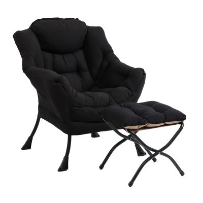 Furlide Lazy Chair with Ottoman, Modern Chair with Folding Footrest, Black Lounge Accent Chair, Comfortable Reading Chair, Oversized Armchairs for Bedroom, Study, Living Room, Courtyard