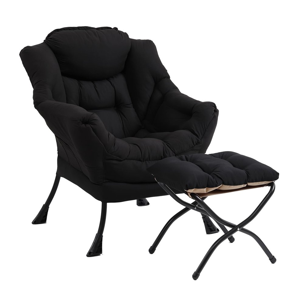 Furlide Lazy Chair with Ottoman, Modern Chair with Folding Footrest, Black Lounge Accent Chair, Comfortable Reading Chair, Oversized Armchairs for Bedroom, Study, Living Room, Courtyard