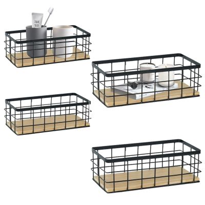 Hyuetrsa 4-Pack Metal Wire Basket Storage, Detachable Wood Base Storage Organizer, Two Size Farmhouse Rectangular Wall Mounted Bins for Kitchen, Bathroom,Pantry, Garage, Laundry Room