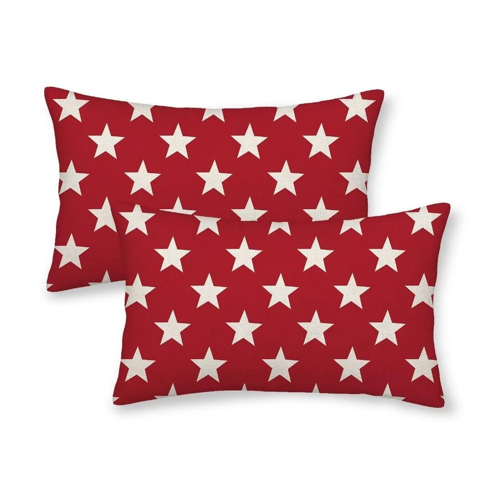 AEIOAE 4th of July Decorations Pillow Covers 12x20 Inch Set of 2, Independence Day Red Stars Throw Pillows Linen Farmhouse Holiday Patriotic Cushion Case for Sofa Living Room Outdoor Decor