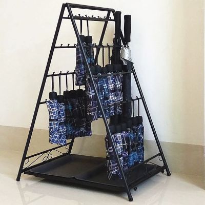 IGZVMBO Large Size Metal Foldable Umbrella Holder Walking Stick Holder Umbrella Stand Home Office Hallway Storage with Hooks and Bottom Rainwater Leaking Tray, Negro