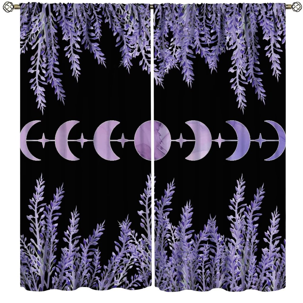 ZhiRain Moon Flower Curtains Natural Floral Plant Lavender Phase Moonlight Natural Print Curtain with Rod Pocket for Bedroom Living Room Decor Drapes Window Treatments 2 Panels Set 55x63in