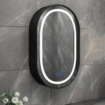 CMYAOYC 20x 32 Inch Led Oval Medicine Cabinet with Mirror, Anti-Fog Bathroom Medicine Cabinet with Light, 3 Color Wall Mounted Storage Cabinet Mirror, Smart Touch Switch (Color : Black, Size : Open