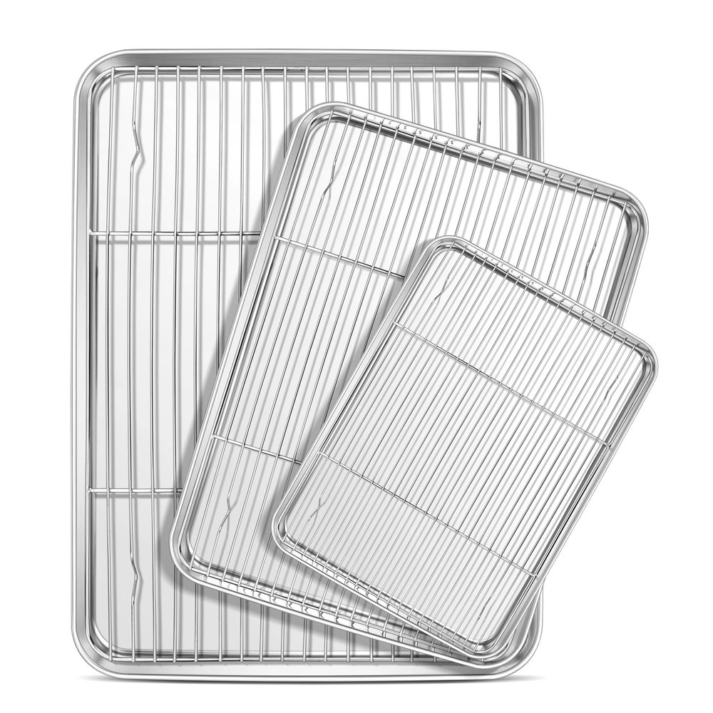 E-far Baking Sheet with Cooling Rack Set (3 Pans + 3 Racks), 16/12.5/9.3 Inch Stainless Steel Cookie Sheets Baking Pans and Wire Rack for Oven, Non Toxic & Easy Clean