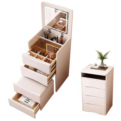 TopJia 3-in-1 Makeup Vanity Desk Set with Mirror Light,Integrated Corner Vanity Desk,Vanity Desk with 3 Drawers,Flip Top Compact Vanity Set with Stool Storage for Women Bedroom, 15.75in-White