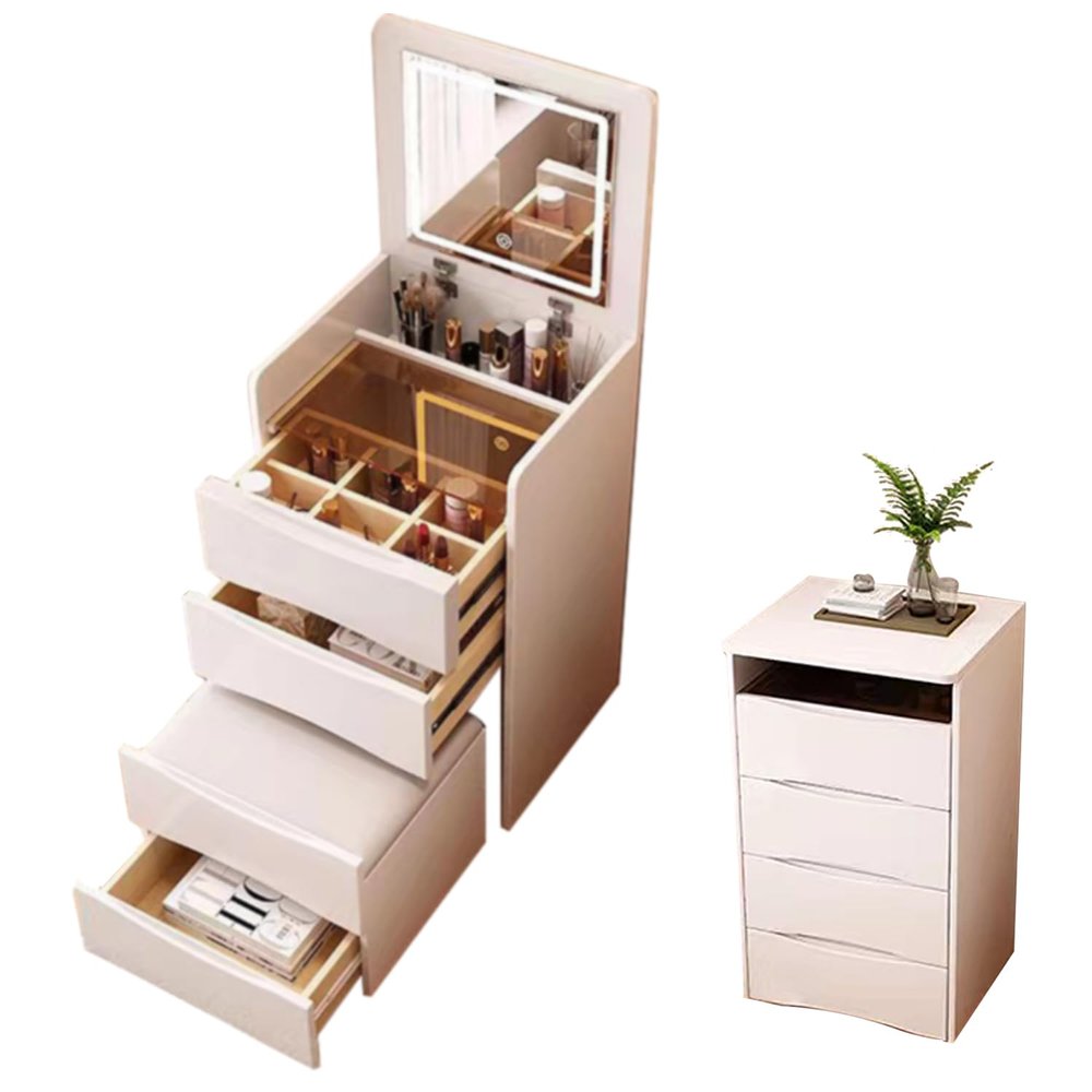 TopJia 3-in-1 Makeup Vanity Desk Set with Mirror Light,Integrated Corner Vanity Desk,Vanity Desk with 3 Drawers,Flip Top Compact Vanity Set with Stool Storage for Women Bedroom, 15.75in-White