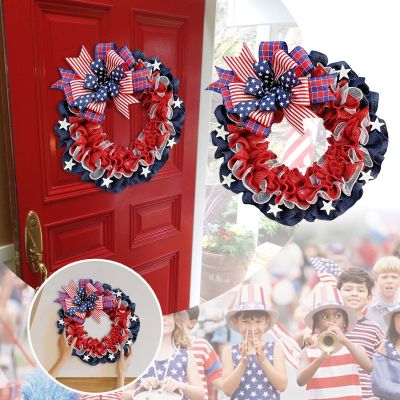 4th of July Front Door Wreath Patriotic Independence Day Wreath Decorations, Memorial Day Flag Wreaths, Red White Blue Garland Decoration for Front Door Wall Home Decor (C)