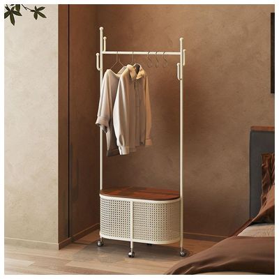 GeRRiT Movable Clothes Rack With Wheels Cactus Floor-Standing Hanging Clothes Rack With Imitation Pattan Weave Storage Basket Bedroom Living Room Entrance Clothing Storage Racks (Color : White)