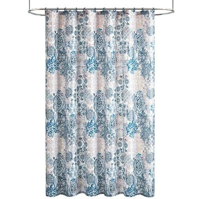 SEDLAV Bode 15-Piece Damask Polyester Shower Curtain Set - Elegant White Blue Bathroom Ensemble with Hooks and Accessories