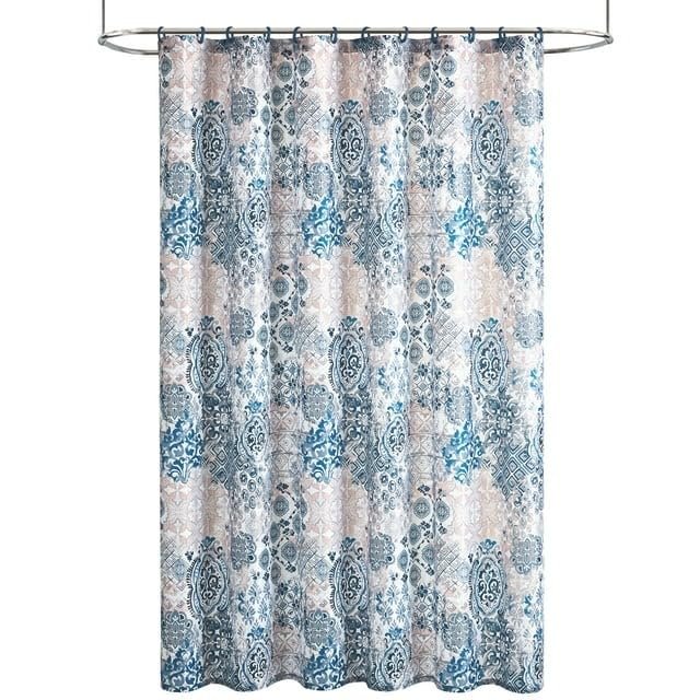 SEDLAV Bode 15-Piece Damask Polyester Shower Curtain Set - Elegant White Blue Bathroom Ensemble with Hooks and Accessories