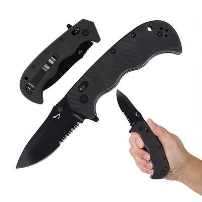 Dentuso Serrated Pocket Knife, 3" Sharp D2 Blade, Big Pocket Knife, 7.5" Total Length, Textured G10 scale, Crossbar Lock, Reversible Clip, Ball Bearing Pivot, Ideal for Hunting, Camping Pocket Knife, EDC, Serrated D2 Knife