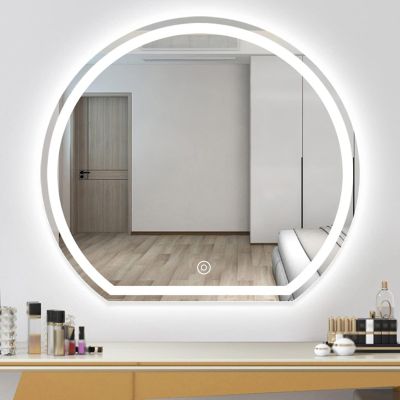 28 Inch Round LED Bathroom Mirror with Lights, Irregular Vanity Lighted Mirror for Bathroom Wall, AntiFog, 3 Color Dimmable, Large, LED Semicircle Smart Light Up Mirror, Bathroom Mirror With Led Light