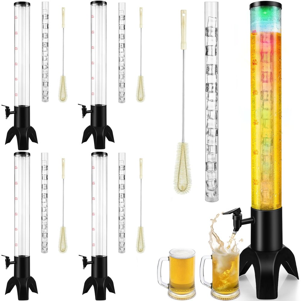 4pcs Beer Giraffe Dispenser, 100oz/3.2 qt Mimosa Tower Dispenser with Ice Tube and LED Light, 3L Tabletop Drink Tower Dispensers for Beer, Margarita, Liquor, Beverage