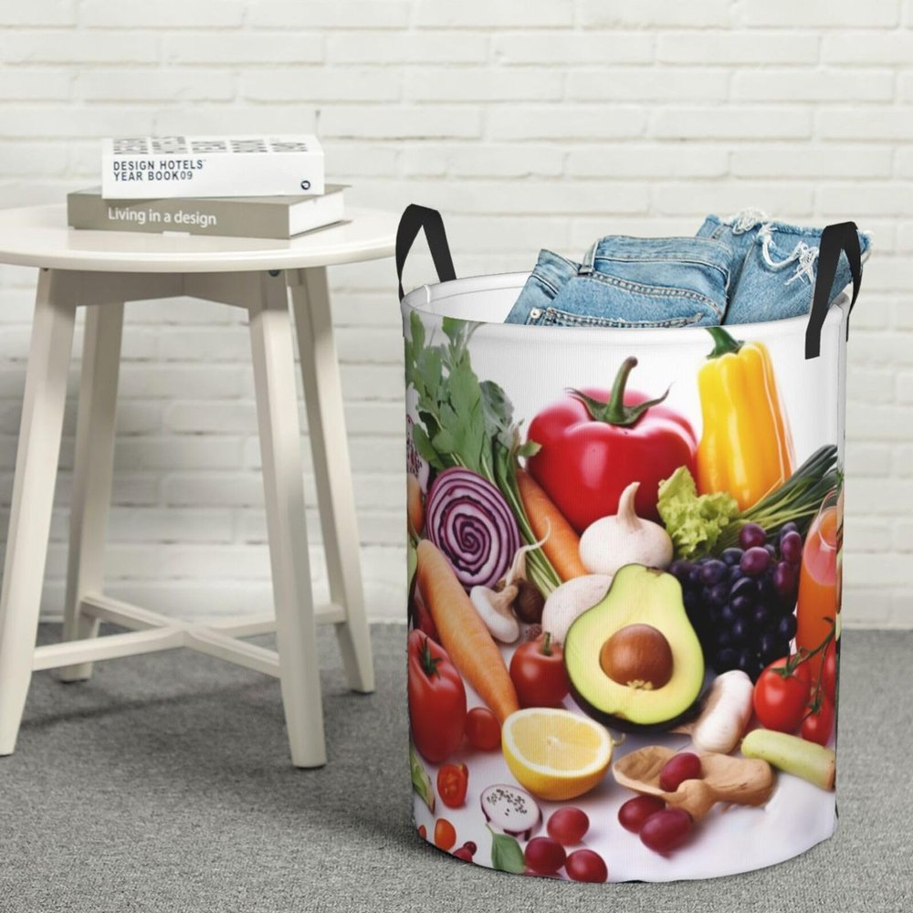 Laundry Hamper Round Laundry Basket with Handles Healthy Food Laundry Hampers Waterproof Circular Hamper for Bathroom Storage Basket Dirty Clothes Hamper for Dirty Clothes