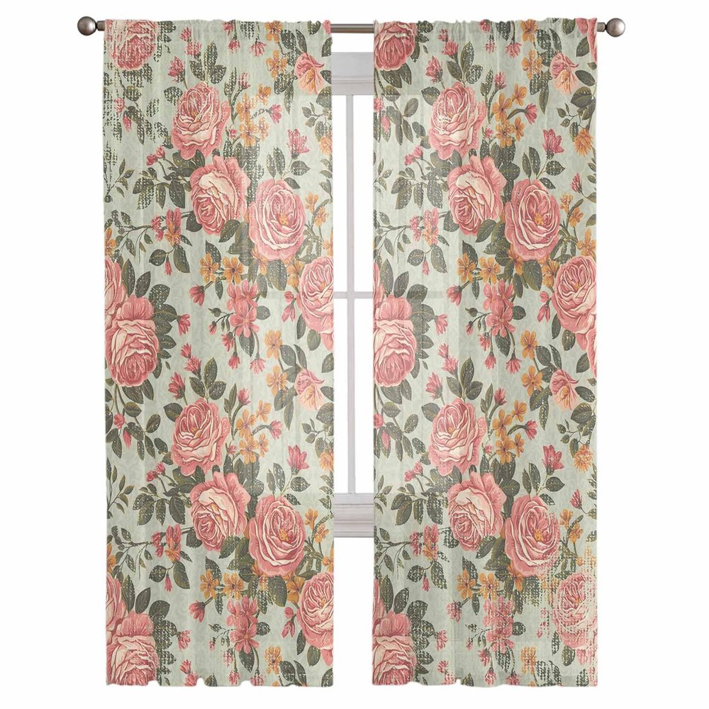 AMZRicher Spring Flower Sheer Curtains 84 Inch Length 2 Panels Set, Semi Transparent Voile Rod Pocket Curtains for Living Dining Room Bedroom Drapes Botanical Leaves Morden Rustic Garden Herbs