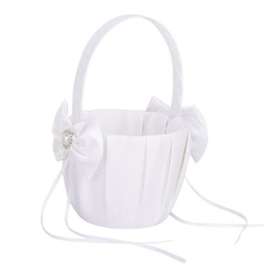 CIMAXIC Rhinestone Flower Girl Basket Satin Bowknot Pearl Wedding Basket for Flower Girl 13x22cm