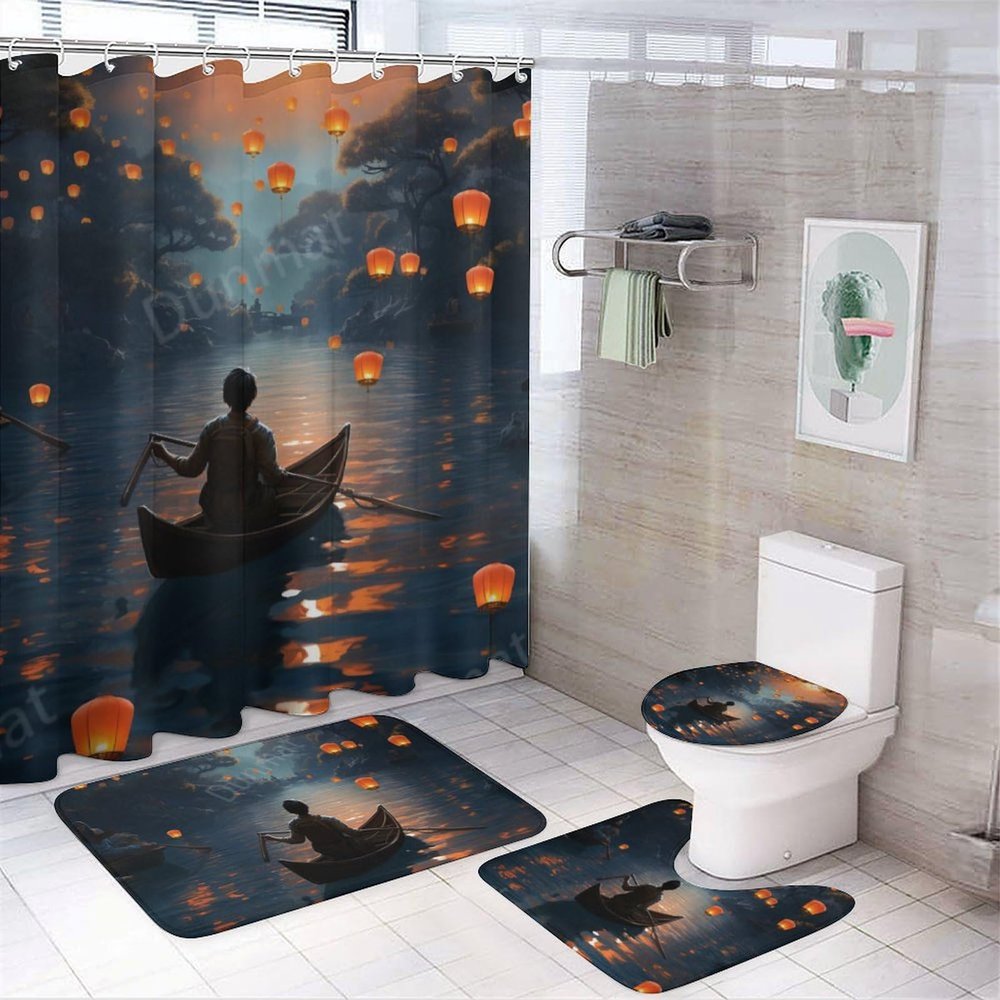 FOCCAFB 4Pcs Modern Lanterns Bathroom Sets with Shower Curtain Rugs Mats Red Sky Lanterns Floating Boat Bathroom Decorations Sets with Non Slip Rugs Toilet Lid Cover Bath Mat