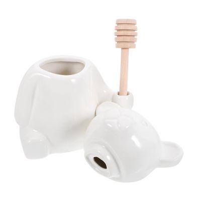 Mikinona 1set Ceramic Bear Shape Honey Pot Wooden Dipper Cute Honey Dispenser for Storing Syrup Candy and Dry Food for Decor