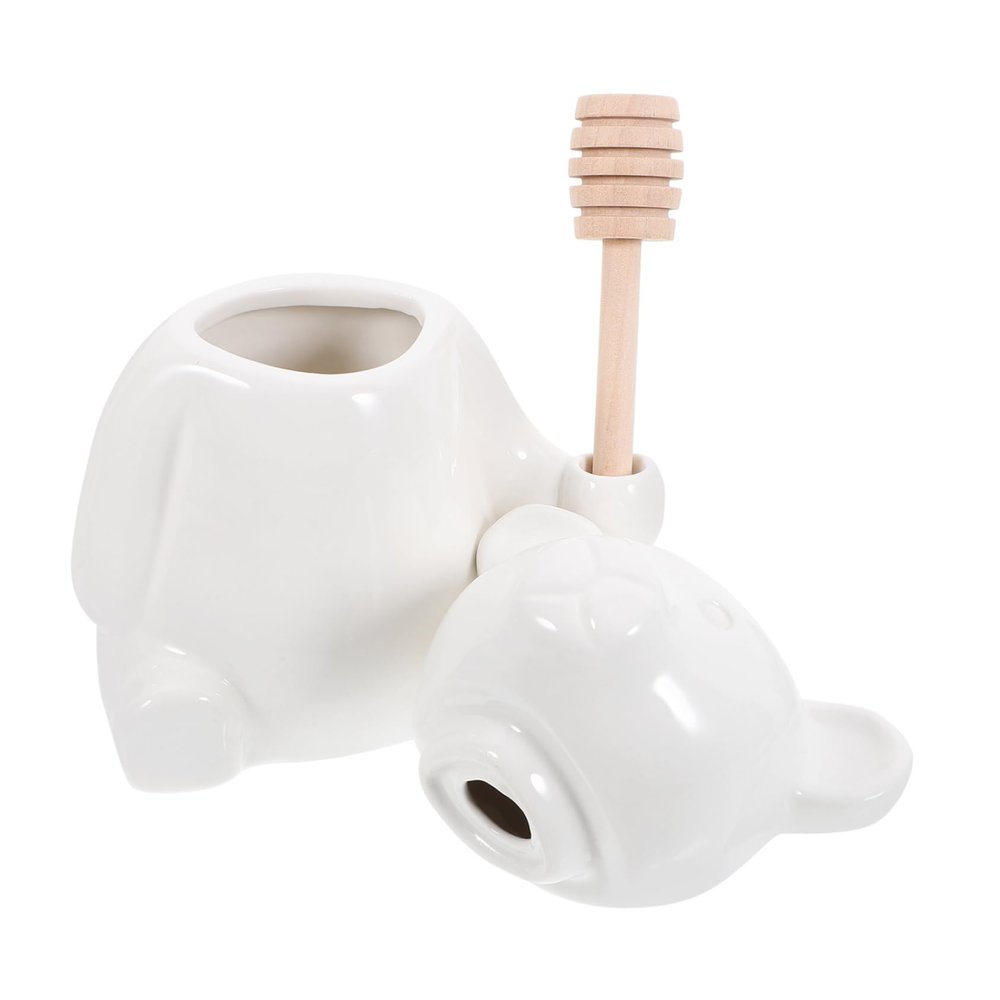 Mikinona 1set Ceramic Bear Shape Honey Pot Wooden Dipper Cute Honey Dispenser for Storing Syrup Candy and Dry Food for Decor
