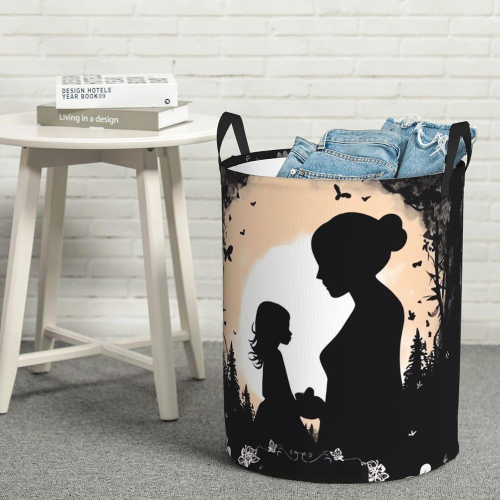 Laundry Hamper Round Laundry Basket with Handles Silhouette of family Laundry Hampers Waterproof Circular Hamper for Bathroom Storage Basket Dirty Clothes Hamper for Dirty Clothes