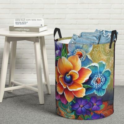 Laundry Hamper Round Laundry Basket with Handles Flower Diamond Painting Laundry Hampers Waterproof Circular Hamper for Bathroom Storage Basket Dirty Clothes Hamper for Dirty Clothes
