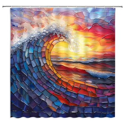 ZWSMZW Ocean Waves Shower Curtain Sunset Sea Nautical Seascape Stained Glass Style Dreamy Abstract Unique Art Bathroom Decor Fabric Curtains with Hooks